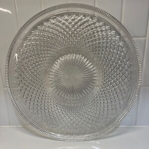 Vintage Pressed Glass Serving Plate Sunburst Diamond Pattern Clear Round 10”